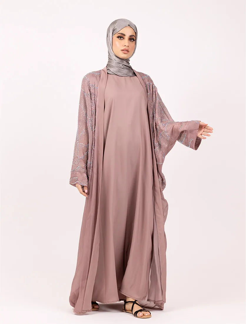 Pink Crystal Embellished Sheer Overlay Abaya